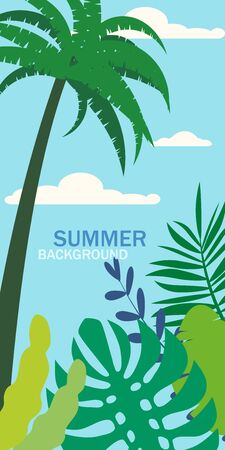 Summer background floral exotic plants leaves, banners, posters, cover design templates, social media stories wallpapers, vector isolated trendy flat cartoon styleのイラスト素材