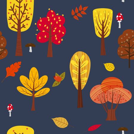 Seamless tree pattern forest woodland with leaves and mushrooms illustration in trendy cartoon flat styleのイラスト素材