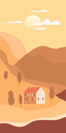 Landscape rural suburban traditional building, hills and trees mountains sea ocean sun in trendy minimal geometric flat style. Vector, isolated vertical. Social media stories baner poster templateのイラスト素材