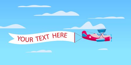 Red retro biplane aircraft pulling advertisement bannerのイラスト素材