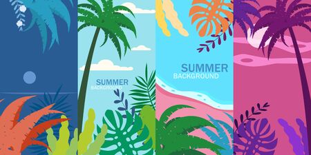 Set summer tropical template backgrounds stories with palms, sky and sunset. Summer placard poster flyer invitation card. Vector isolated trendy flat cartoon styleのイラスト素材