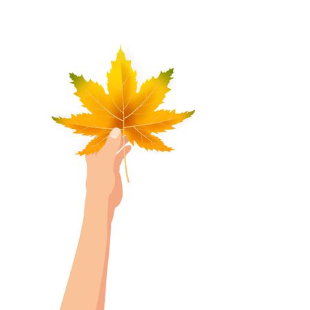 Hand hold autumn colorful leaf bright bouquet fall, floral. Hello Autumn lettering. Vector illustration isolatedのイラスト素材
