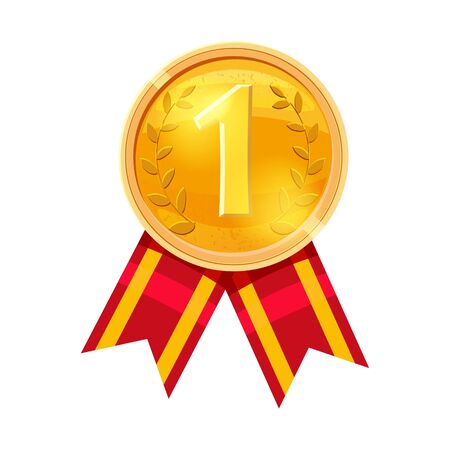 Gold medal red ribbon with relief detail. Gold medal for first place. Cartoon realistic icon on a white backgroundのイラスト素材