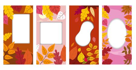 Set autumn templates backgrounds of autumn fallen leaves orange yellow foliage. Social media stories banners. Template for event invitation, product catalog, advertising. Vector isoalted trendy flat styleのイラスト素材