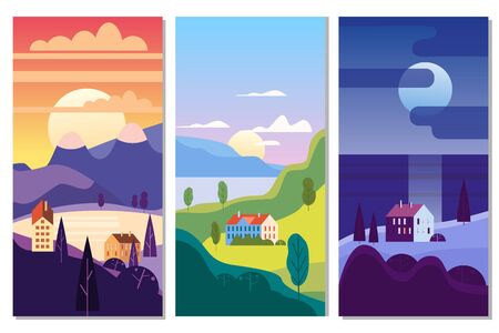 Landscape rural suburban traditional buildings, hills and trees mountains sea sun in trendy minimal geometric flat style. Vector, isolated vertical. Social media stories banner poster templateのイラスト素材