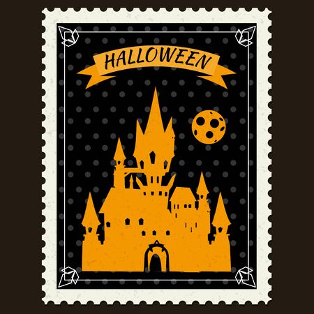 Happy Halloween Postage Stamps with black castle, halloween cartoon symbol. Vector isolated retro vintageのイラスト素材