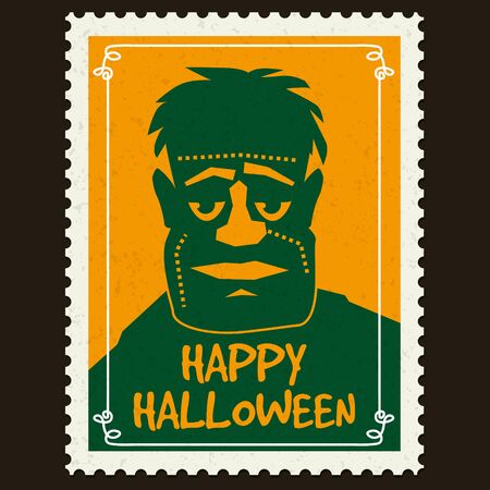 Happy Halloween Postage Stamps with monster zombie, halloween cartoon character symbol. Vector isolated retro vintageのイラスト素材