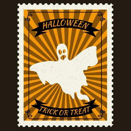 Happy Halloween Postage Stamps with ghost, halloween cartoon character symbol. Vector isolated retro vintageのイラスト素材