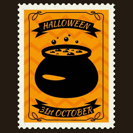 Happy Halloween Postage Stamps with witch cauldron, halloween cartoon character symbol. Vector isolated retro vintageのイラスト素材
