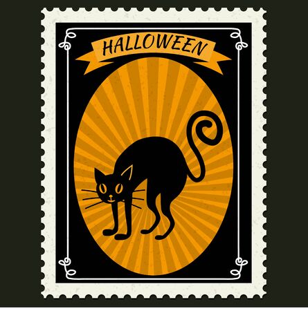 Happy Halloween Postage Stamps with black cat, halloween cartoon character symbol. Vector isolated retro vintageのイラスト素材