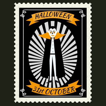 Happy Halloween Postage Stamps with Vampire, halloween cartoon character symbol. Vector isolated retro vintageのイラスト素材