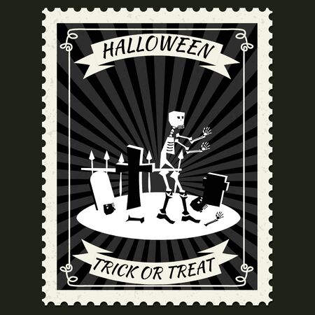 Happy Halloween Postage Stamps with skeleton cemetery, halloween cartoon character symbol. Vector isolated retro vintageのイラスト素材