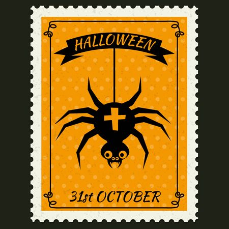 Happy Halloween Postage Stamps with spider, halloween cartoon character symbol. Vector isolated retro vintageのイラスト素材