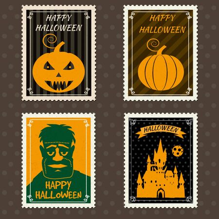 Happy Halloween Set Postage Stamps with black castle, zombie, halloween cartoon symbol. Vector isolated retro vintageのイラスト素材