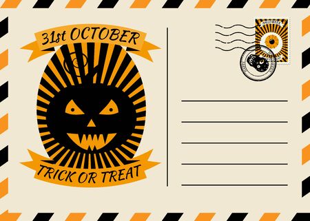 Happy Halloween Postcard invitation template with Postage Stamp background design. Vector isolated banner posterのイラスト素材