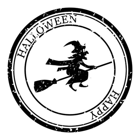 Halloween Stamp Postal. Witch on a Broomstick Silhouette Seal. Grunge Texture. Passport Round Design. Vector Design Retro Isolatedのイラスト素材
