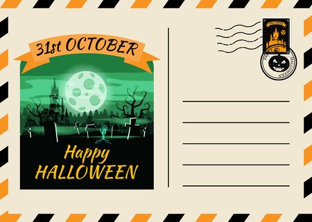 Happy Halloween Postcard invitation Dark Castle Cemetery template with Postage Stamp background design. Vector isolated banner posterのイラスト素材