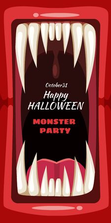 Creepy Halloween party banner scary monster character teeth jaw and tongue in mouth closeupのイラスト素材