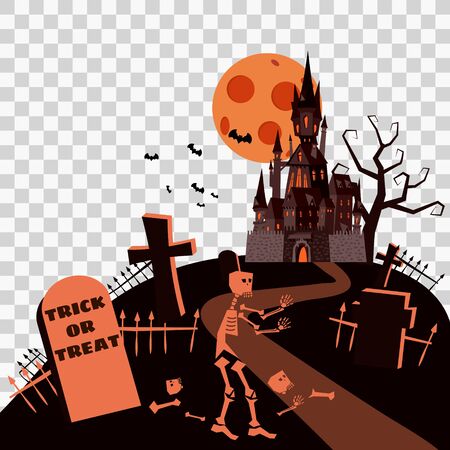 Happy Halloween Card Template Background, Moon Skeleton Cemetery Castle Bats Spooky, Vector Illustration Banner Isolatedのイラスト素材