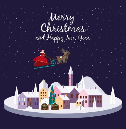 Merry Christmas urban night winter city street with old town houses and treesのイラスト素材