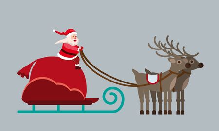 Santa Claus on a sleigh with deers and a huge bag of gifts. Vector isolated flat cartoon style illustration vectorのイラスト素材