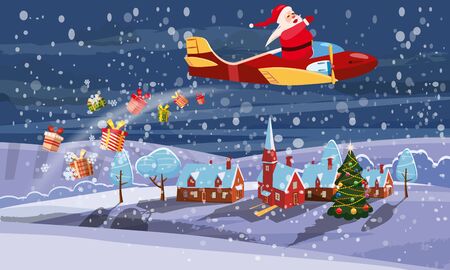 Santa Claus flying on speed retro airplane delivering gifts in the night sky over the city. Illustration vector isolated cartoon style poster banner templateのイラスト素材