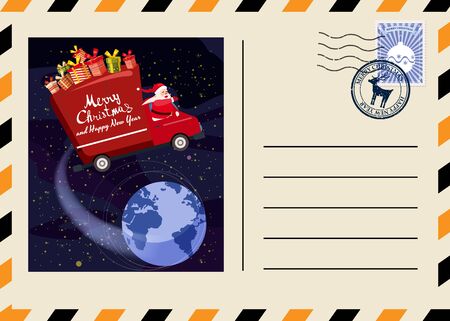 Christmas and New Year Postcard with stamps and mark. Van flies through the night sky above the Earth Santa Claus as the driver delivering gifts. Flat cartoon style vector illustration greeting card poster bannerのイラスト素材
