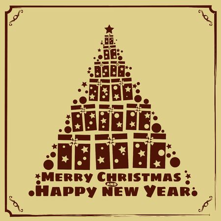 Merry Christmas and a happy new year. Decorated stylized christmas tree with gift boxes, lights, decoration balls and lamps. Vector illustration in flat and cartoon styleのイラスト素材
