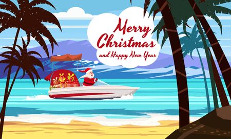 Merry Christmas Santa Claus on speed boat on ocean sea tropical island palms mountains seasideのイラスト素材
