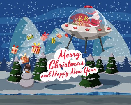 Merry Christmas Santa Claus flying in UFO spaceship flying saucer with gift boxes on forest winter night. Vector illustration isolated cartoon styleのイラスト素材