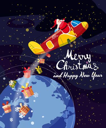 Santa Claus flying plane flies delivering gifts in space above the Earth. Illustration vector isolated cartoon style poster banner templateのイラスト素材