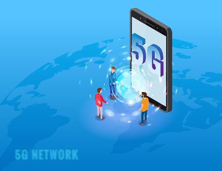 5G internet new mobile wireless technology wifi connection. Isometric smartphone with Earth planet letters 5g and tiny people. Fifth innovative generation of the global high speed Internet network. Vector concept illustration isolation templateのイラスト素材