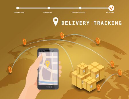 Delivery Global tracking system service online isometric design with markers cargo boxes on map Earth. Hand hold smartphone with GPS navigation map app. Smart logistics and transportation concept. Vector isolated illustration web, banner, ui, mobile appのイラスト素材