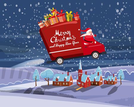 Merry Chrismas Santa Claus Van flies through the night sky above winter town delivering gifts. Flat cartoon style vector illustration greeting card poster bannerのイラスト素材