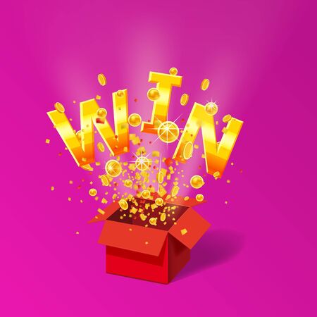 Open red Gift box WIN gold text with confetti explosion insideのイラスト素材