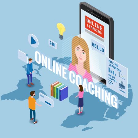 Online coaching education training, workshops and courses. Flat 3d isometric design. Students studying, with smartphone, pile of books icon set and mentor masterclass. Vector illustration isolatedのイラスト素材