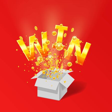 Open red Gift box WIN gold text with confetti explosion insideのイラスト素材