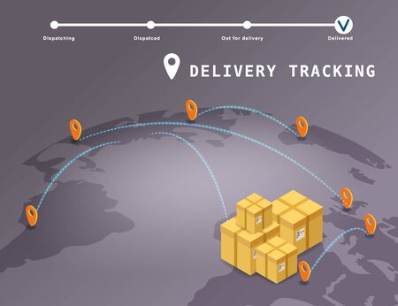 Delivery Global tracking system service online isometric design with boxes, markers on map Earth. Smart logistics and transportation concept. Vector isolated illustration web, banner, ui, mobile appのイラスト素材