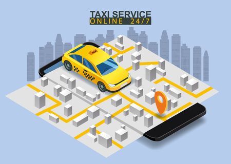 Taxi service isometric. Smartphone with city map route and points location yellow carのイラスト素材
