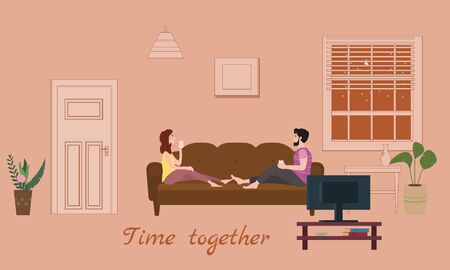 Cute loving couple on cozy sofa, drinking tea or drinks and eating together at homeのイラスト素材