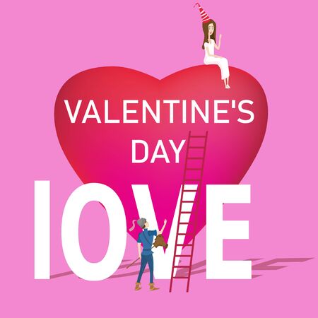 Beautiful Princess and Prince romantic scene Valentines day. Big Heart stairs Prince with crown with sword and Princess on top heart. Vector illustration isolatedのイラスト素材