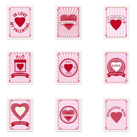 Set Valentine s day postage stamps, collection for postcard, mail envelope. Hearts, retro, vintage, vector, isolatedのイラスト素材