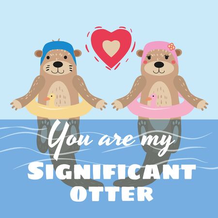 Significant Otter Valentines Day greeting card. Cute otter couple in water in swimming caps and rubber rings greeting cardのイラスト素材