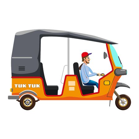 Tuk Tuk Asian auto rickshaw three wheeler tricycle with local driver. Thailand, Indian countries baby taxi. Vector illustration isolated cartoon styleのイラスト素材