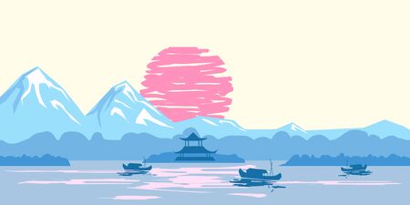 Chinese traditional or Japanese landscape, with pagoda and mountains, sunset sea fisherman boats, silhouettes. Isolated illustration vectorのイラスト素材