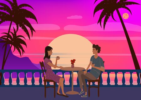 Cute couple sitting at table, drinking tea or coffee and talking in open air cafe sunset sea ocean. Young man and woman romantic relationship. Male female characters. Vector illustration flat cartoonのイラスト素材