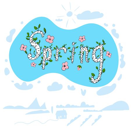 Spring banner sketched doodle hand drawn flowers and leaves. Greeting card, template, poster. Vector isolated illustration backgroundのイラスト素材