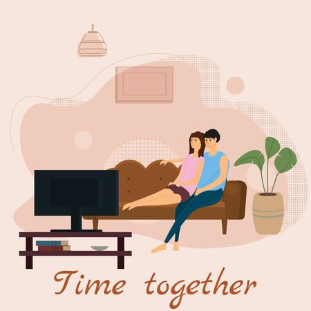Loving couple watching TV or television set film, TV series, the broadcast on cozy sofa. Daily life of cute happy couple having fun at home. Pair of man and woman spending time together. Vector cartoon flat illustration isolatedのイラスト素材