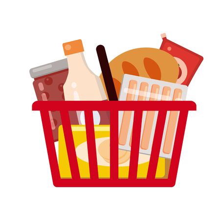 Supermarket self service shopping cart basket full grocery food productsのイラスト素材