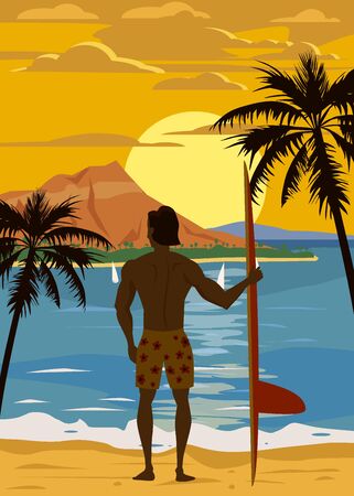 Surfer standing with surfboard on the tropical beach back view. Hawaii surfing palms ocean theme retro vintage. Vector illustration isolated template poster bannerのイラスト素材